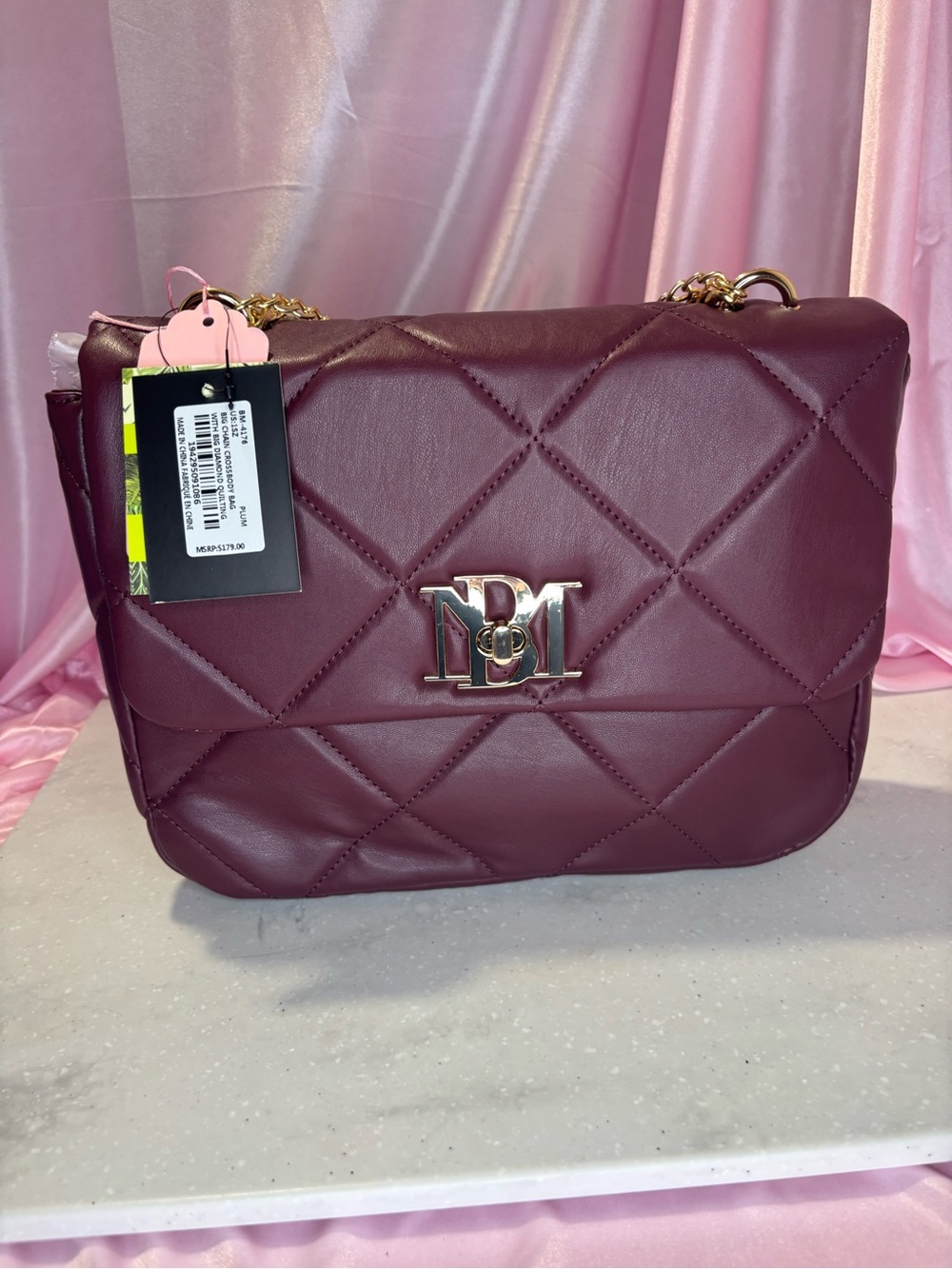 Quilted Plum Shoulder Bag with Gold Chain